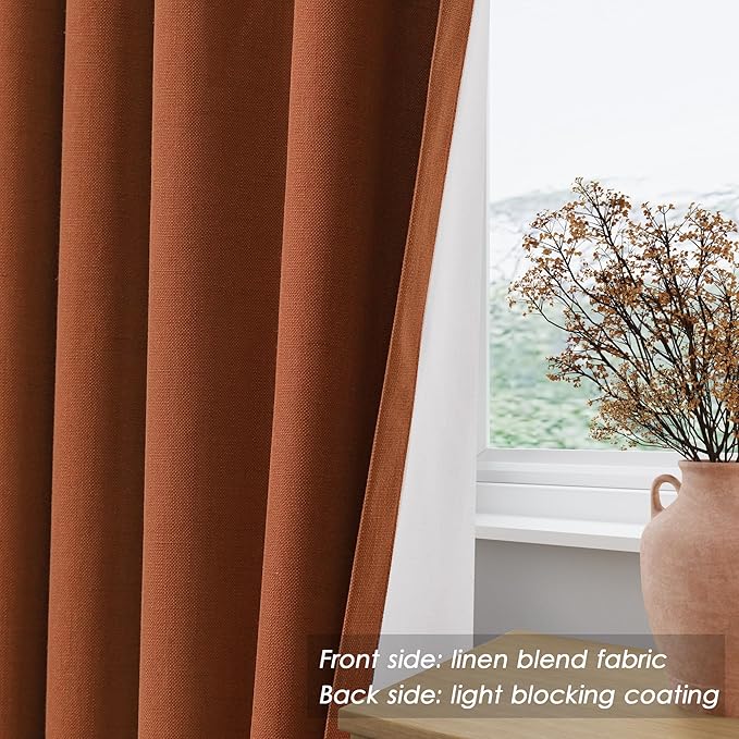 Terracotta Linen Blackout Curtains 120 Inch Length 2 Panels Set Extra Long 10 Ft Back Tab Pocket Drapes Thermal Insulated Total Blocking Curtains for Dining Room Cottage High Window Curtain 52x120