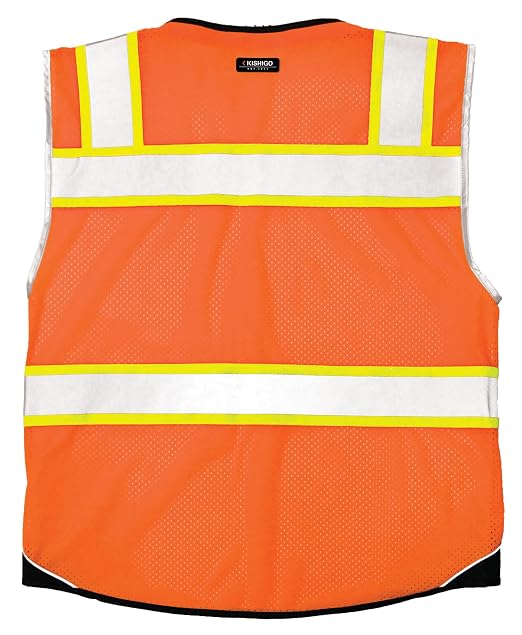 Kishigo Men's High Visibility Reflective Premium Black Series Black Bottom Vest 1516, Zipper Closure, Polyester, ANSI 107 Type R/Class 2, Construction, Utility, Waste Management (Orange, 4X)