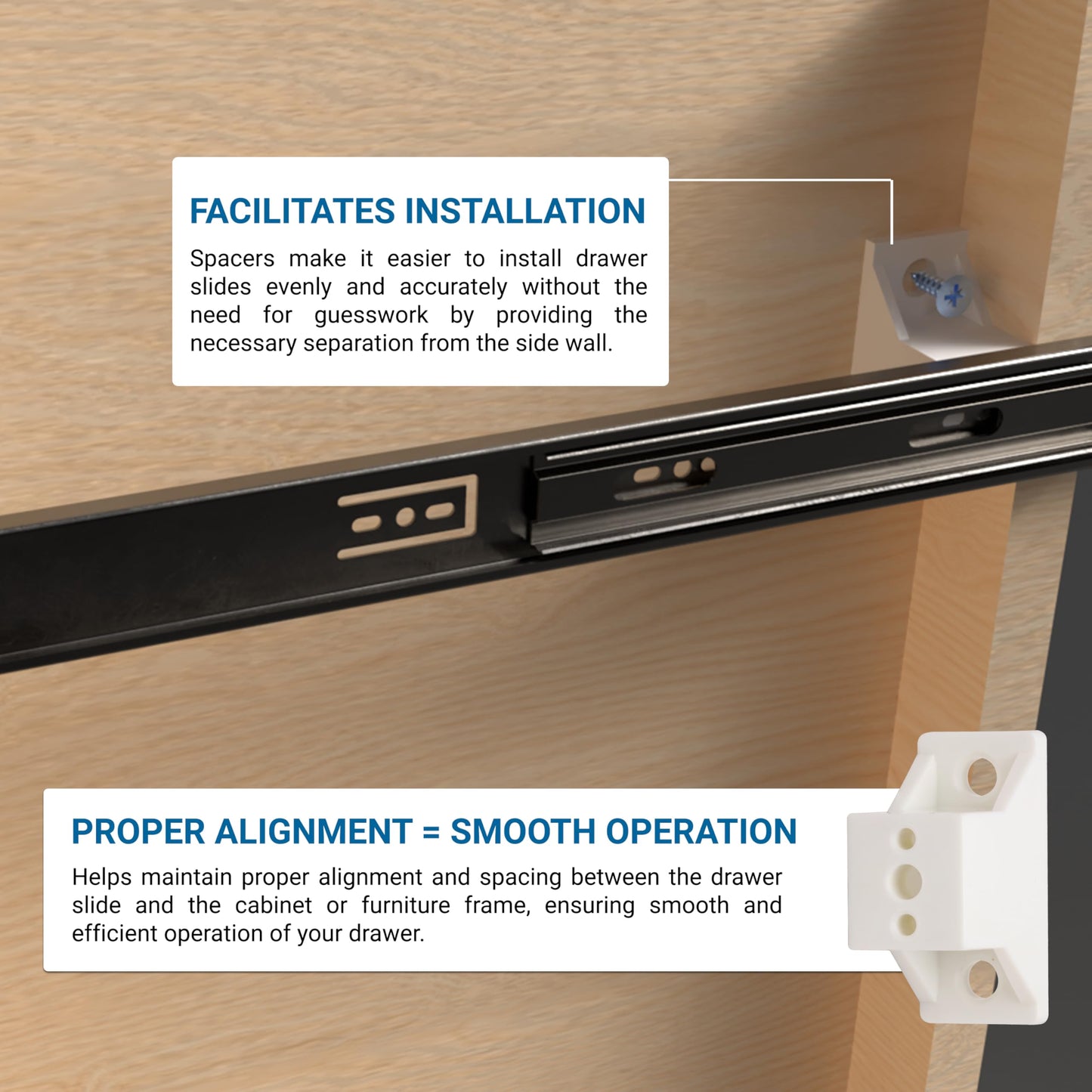 20 Pack Rok Hardware 1-1/2" (38.5mm) Drawer Slide Cabinet Side Spacers, Plastic Kitchen Cabinet Spacer for Slide-Out Trays, Screws Included, White - R038WHT