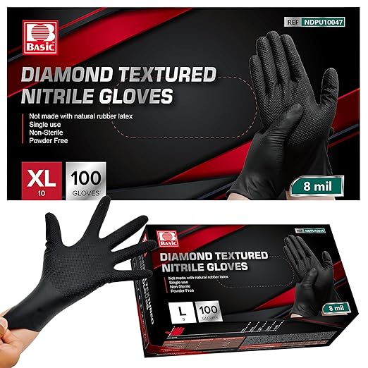 Jointown Basic Heavy Duty Nitrile Gloves, Mechanic Gloves 8 Mil Nitrile Disposable, with Raised Diamond Texture, Case of 1000, Black, Large