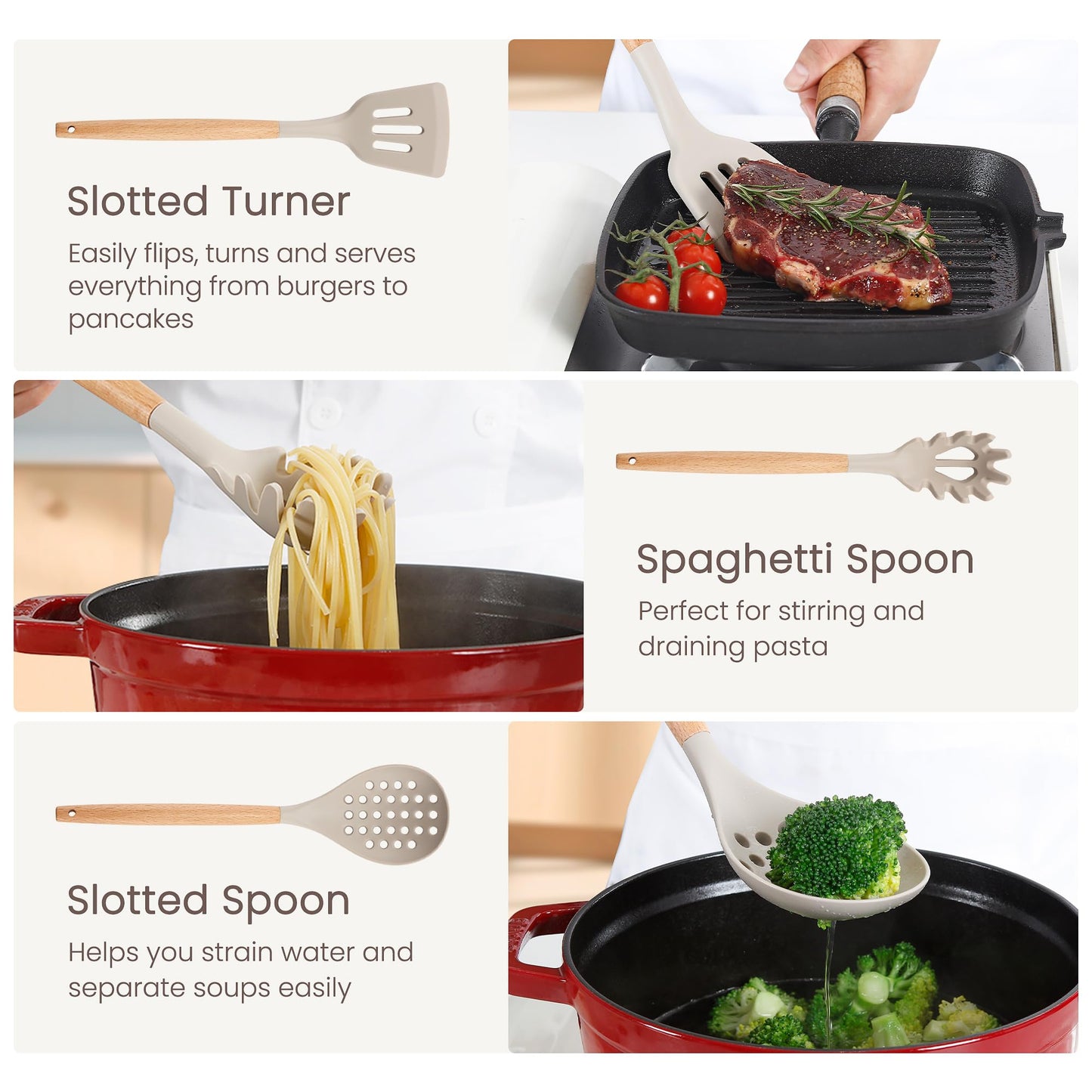 26 Pcs Silicone Cooking Utensils Set with Holder, NCUE BPA Free Kitchen Utensils Set for Cooking, 446°F Spatulas Silicone Heat Resistant Wooden Handle Spoon Tongs Non-stick Kitchen Gadgets (Khaki)