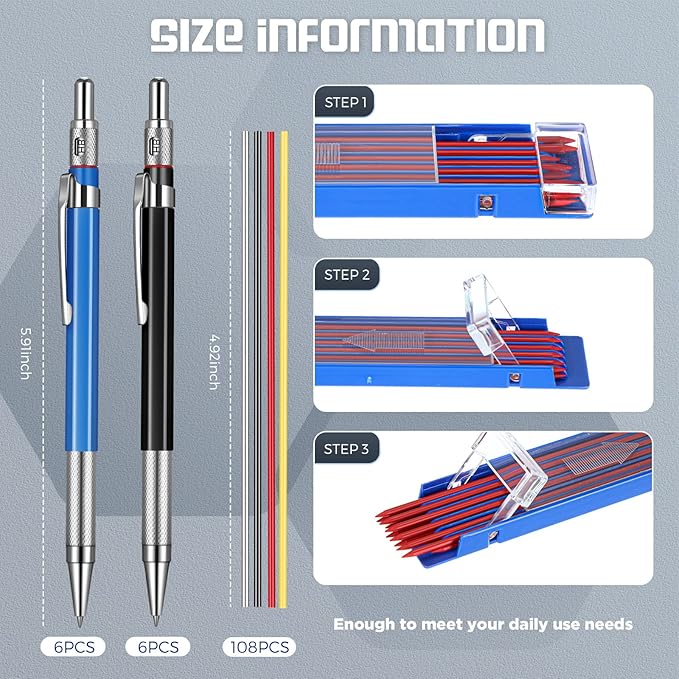 Nezyo 12 Pieces Welder Pencil with 108 Pieces Round Refills Mechanical Metal Pencil Marker with Built in Sharpener Pen for Construction Workers, Metal Work, Plumbers, Framers
