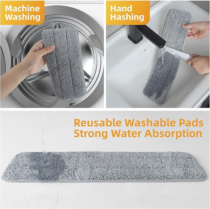 Flat Microfiber Mop for Floor Cleaning, 18 inch (17.7 in/45 cm) Aluminum Base, Adjustable Stainless Steel Handle 29.5 to 52 in, 360-Degree Swivel, Dry & Wet, 4 Washable Pads - LJGG