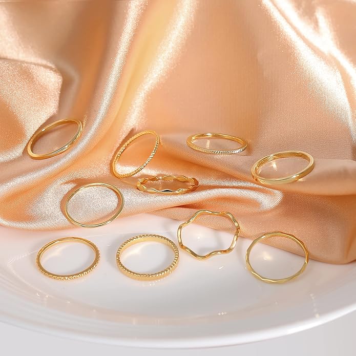 WFYOU 10 Pcs 1-2mm 18K Gold Plated Simple Rings for Women Band Knuckle Stacking Midi Rings Elegant Classic Minimalist Rings Comfort Fit