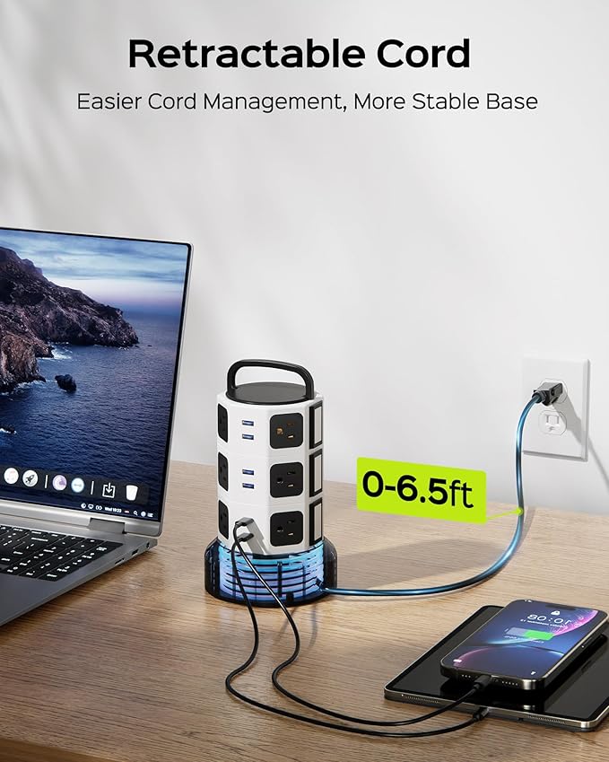 Power Strip Tower Surge Protector, JACKYLED 12 Outlets 6 USB (2 USB C) Charging Station, Extension Cord with Multiple Outlets, 1050J 1625W/13A Outlet Extender 6.5ft Extension Cord for Home Office