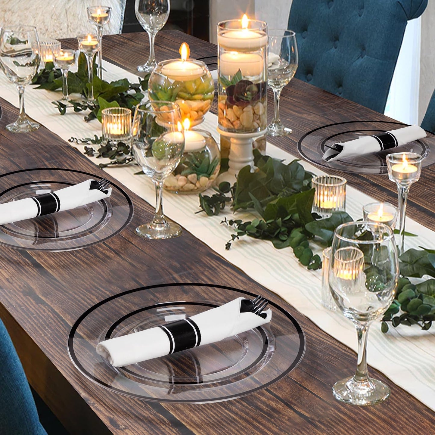 Goodluck 175 Piece Black Plastic Dinnerware Set for Party, Clear Disposable Plates for 25 Guests, Include: 25 Dinner Plastic Plates, 25 Dessert Plates, 25 Pre Rolled Napkins with Cutlery Set, 25 Cups