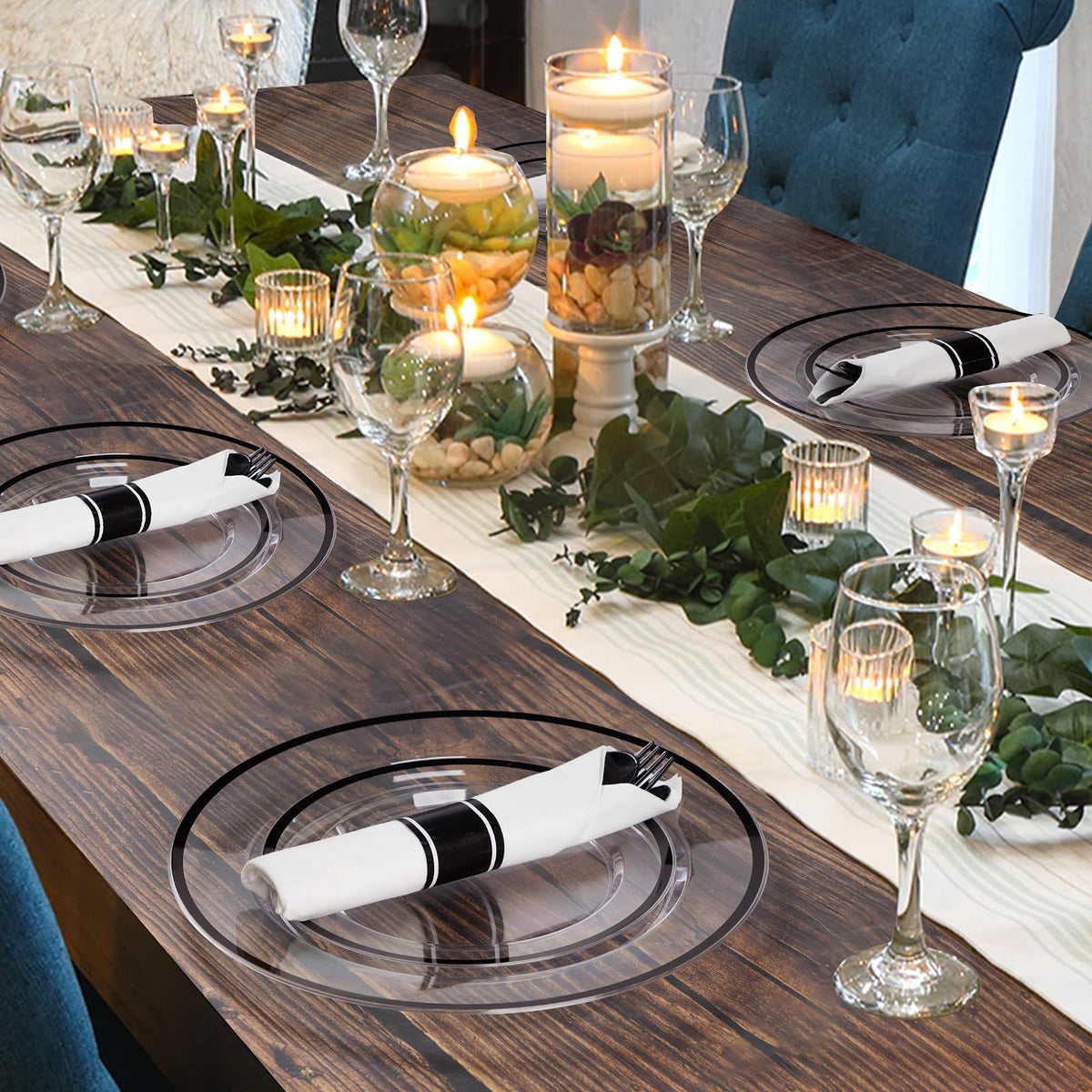 Goodluck 350 Piece Black Plastic Dinnerware Set for Party, Clear Disposable Plates for 50 Guests, Includes 100 Plates, 50 Pre Rolled Napkins with Cutlery Set, 50 Cups, for Graduation Party, Wedding