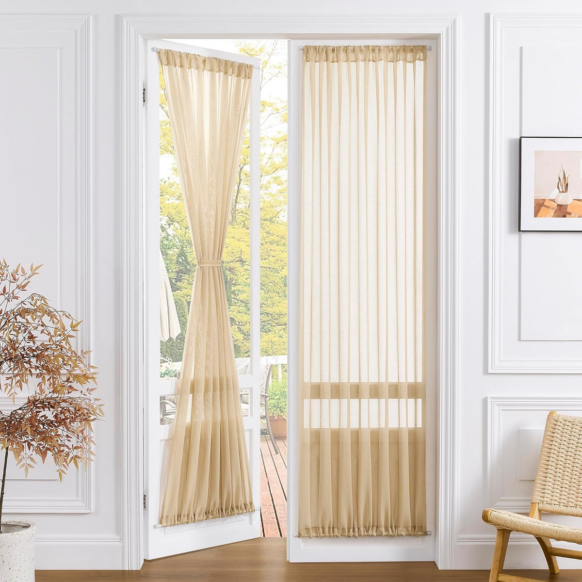 Tollpiz Sheer Door Curtains Closet Linen Textured Curtains Sheer Doorway Light Filtering Voile Rod French Door Pocket Curtain Patio Glass Door, 25 x 72 inches Long, Beige, Set of 1 Panel