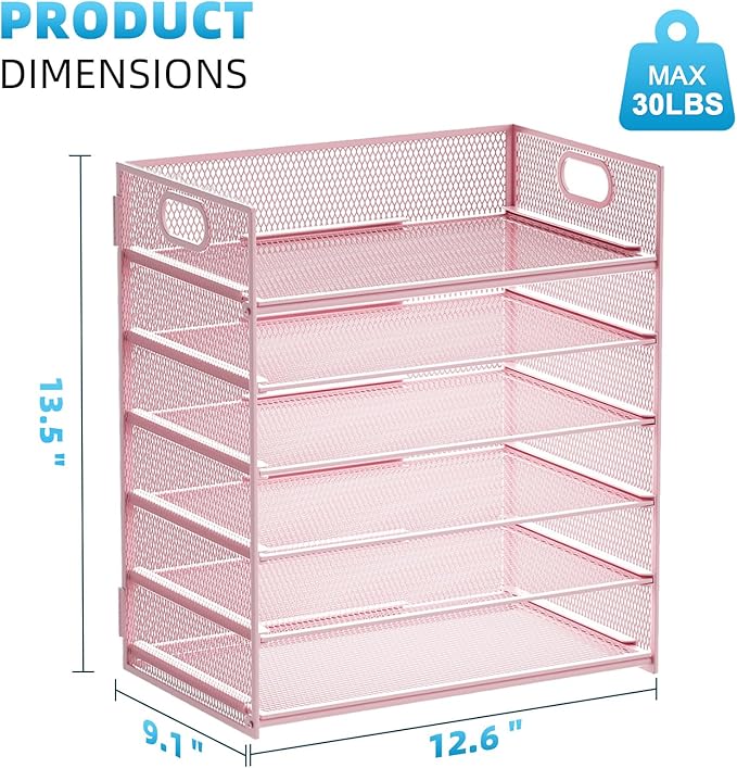 Marbrasse 2 Pack Desk Organizer with Handle, 6 Tier Paper Letter Tray, Mesh Desk File Organizer for Office, School and Home - Pink
