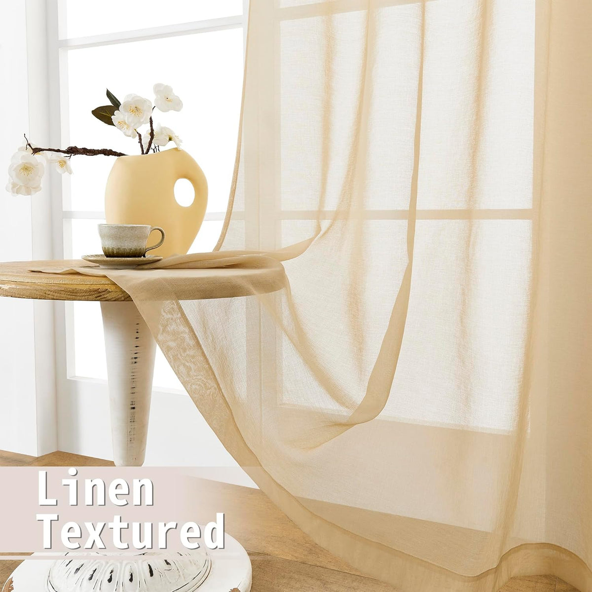 Tollpiz Sheer Door Curtains Closet Linen Textured Curtain Sheers Doorway Light Filtering Voile French Door Rod Pocket Curtains Patio Glass Door, 54 x 63 inches Long, Beige, Set of 1 Panel