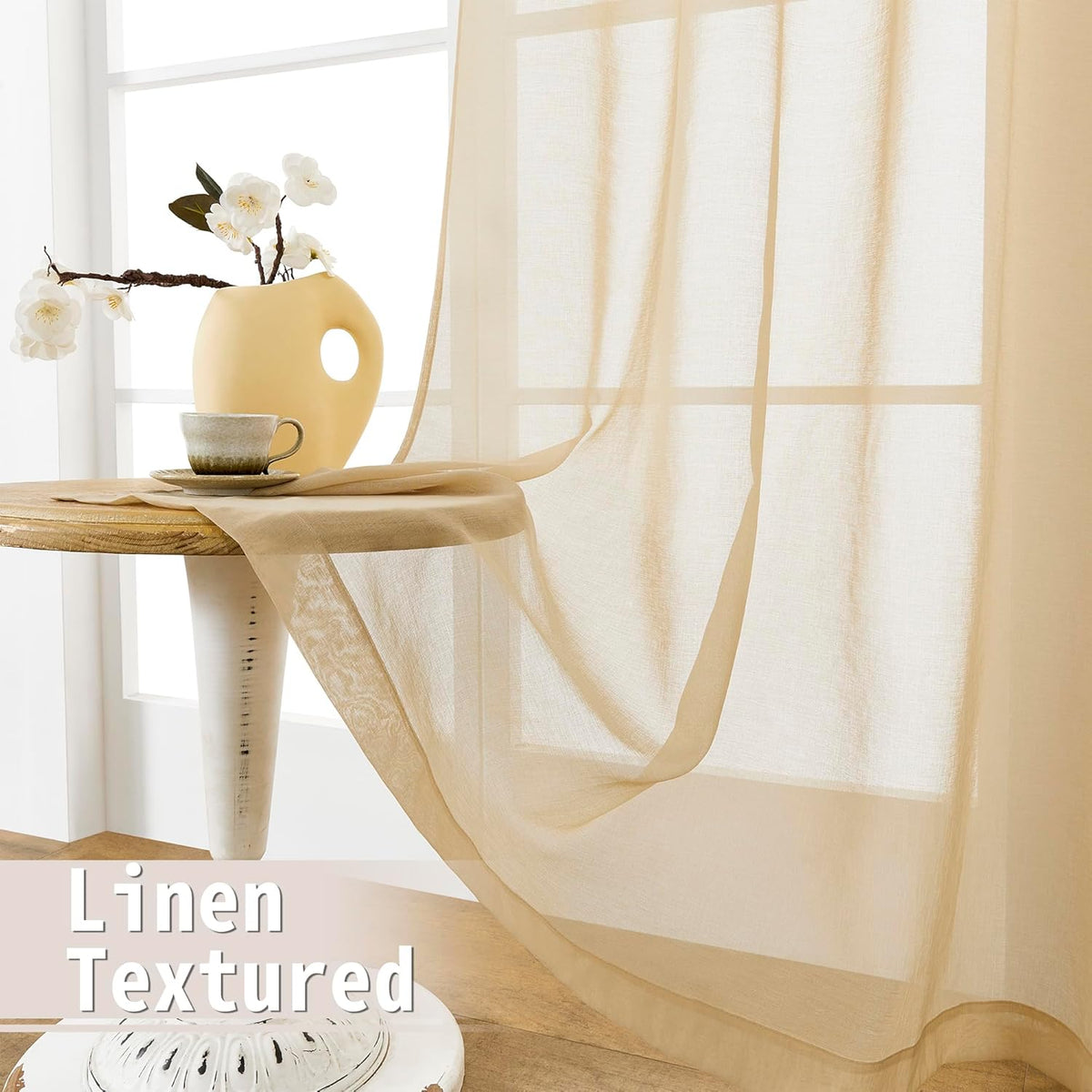 Tollpiz Short Sheer Linen Textured Curtain Sheers Doorway Light Filtering Voile Patio Glass Door Rod Pocket Curtains French Door, 54 x 54 inches Long, Beige, Set of 1 Panel