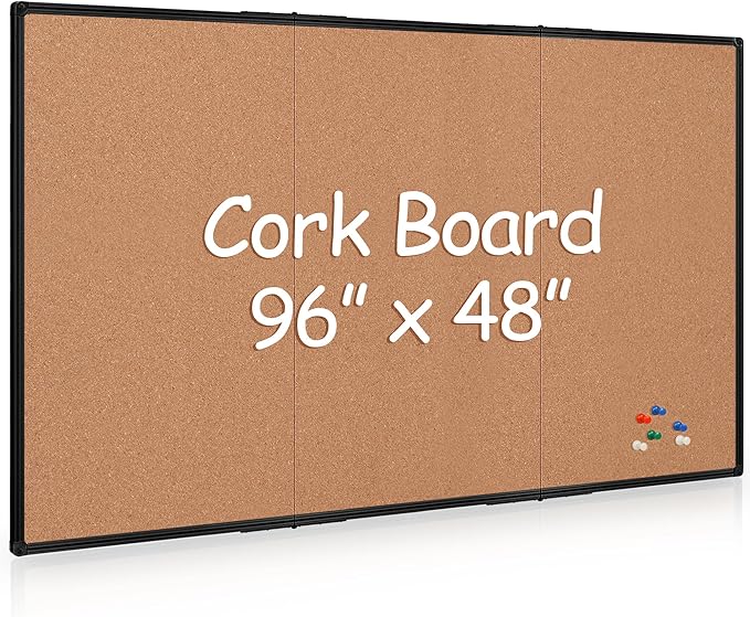 Board2by Extra Large Cork Bulletin Board 96" X 48", Foldable Notice Pin Board for Wall, Black Aluminum Framed 8'x4' Corkboard, Wall Mounted Noticeboard with 36 Push Pins for School, Home & Office