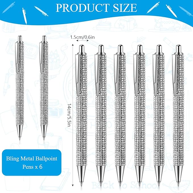 Jeyiour 6 Pcs Bling Pen Cute Diamond Wedding Rhinestones Gift Metal Ballpoint Fancy Sparkly Crystal Retractable Black Ink Pen for Women Office Birthday 0.7mm(Silver)