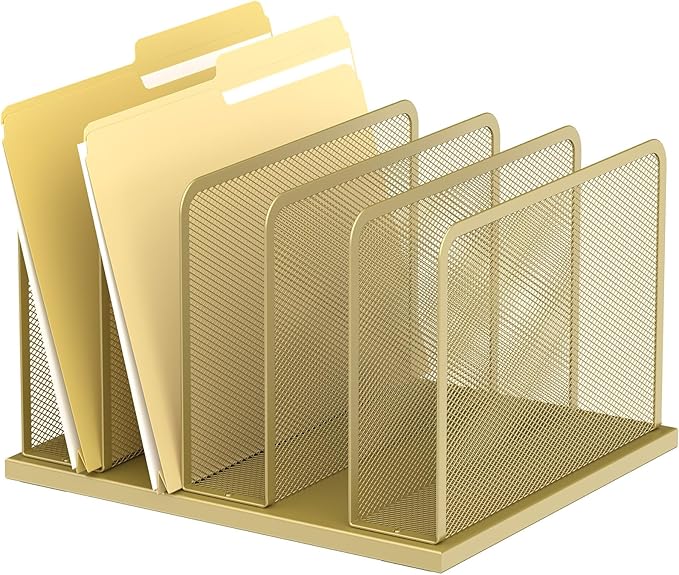 Kuntine.B Desk File Organizer Upright Mesh Desktop Organizer File Sorter Office Organization File Holder for Home, Office & Classroom (Gold, 1 Pack 5-Section)