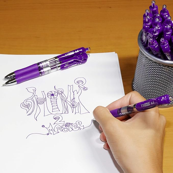 THINK2MASTER [24 Pens - Purple Ink] Think2 Retractable Gel Pens. (24 Purple) Fine Point (0.5mm) Rollerball Pens with Comfort Grip.