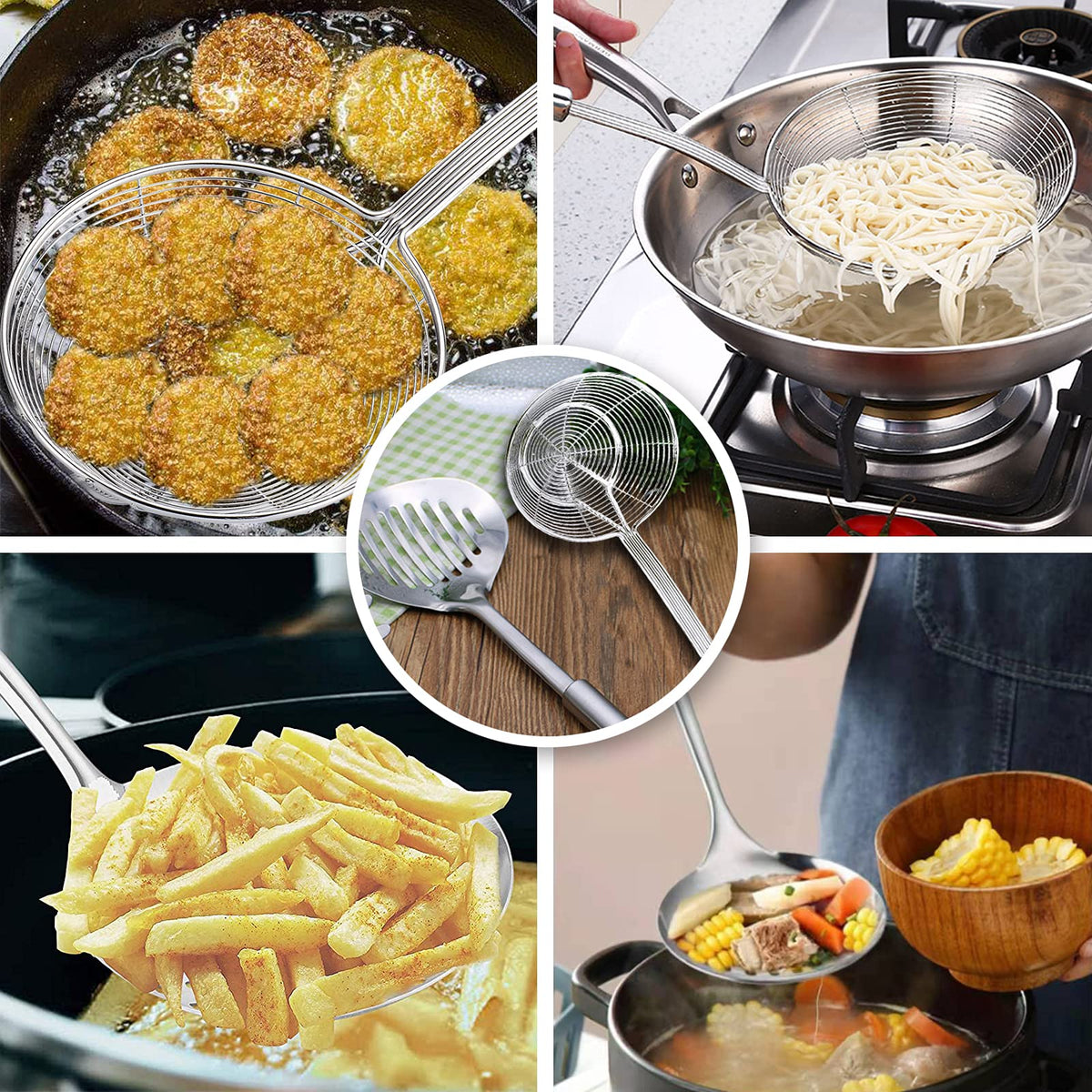 Multi Kitchen Utensil Stainless Steel Cooking Skimmer Slotted Fish Turner Spatula Spoon Colander Drain Water Filter Spoon Ladle Spider Strainer Skimmer Ladle for Cooking &Frying (2pcs)