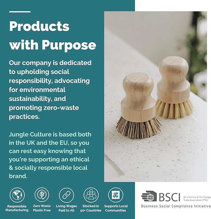 Jungle Culture Kitchen Dish Scrubber Set of 2 • Bamboo Dish Brush for Washing Pots, Pans, Dishes & Plates • Natural Bristle Wooden Brushes for Washing Up • Zero Waste Firm & Soft Eco Scrub Brush