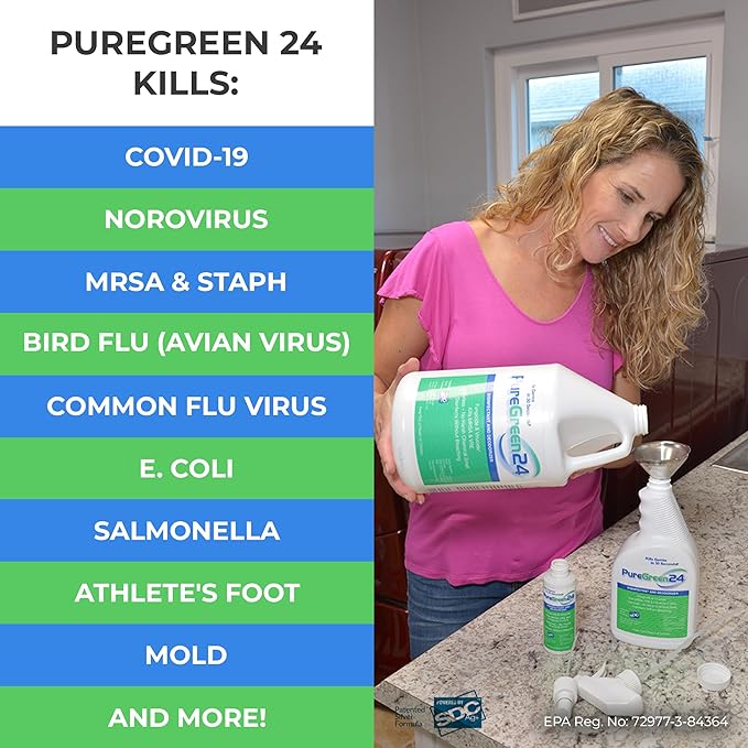 PureGreen24 Safe & Effective Disinfectant. Kills Deadly Germs including RSV COVID-19 Norovirus MRSA Staph 2025 flu Contains no toxic chemicals odorless child & pet safe 2 gallon bottles ready to use