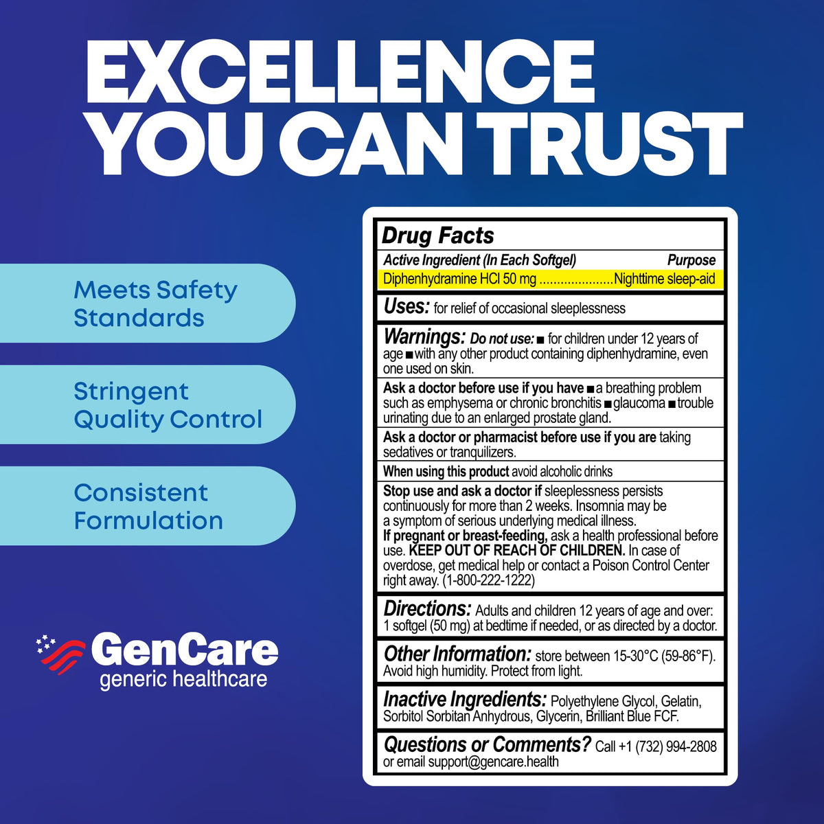 GenCare Maximum Strength Nighttime Sleep Aid Supplement for Adults Deep Sleep Pills with Diphenhydramine HCl 50mg to Fall Asleep Faster- Strong Non-Habit Forming PM Sleeping Relief [96 Softgels]