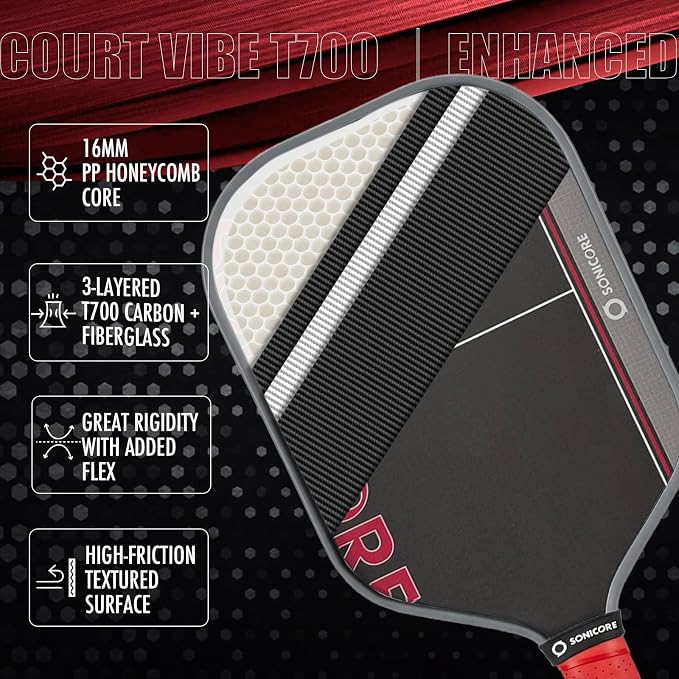SONICORE Pickleball Paddle Set Bundle, T700 Carbon Fiber 16mm Core, 1 Paddle, Cover, Wristbands, Grip Tape, Eraser, 4 Premium Balls | Turbo Red