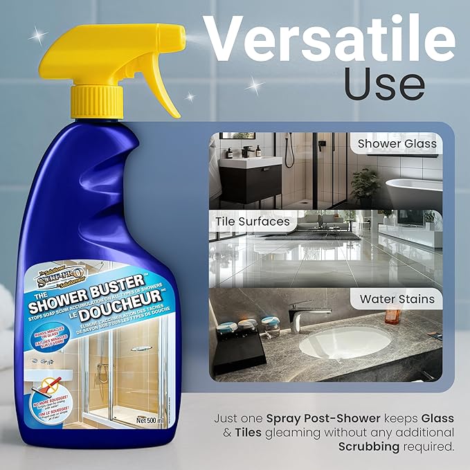 Shower Glass Door Cleaner – Shower Buster Spray for Soap Scum & Hard Water Stains – No Scrub Bathroom Cleaner for Glass, Tile, Chrome, Ceramic, RV and Septic Safe (500ml / 16.9oz)