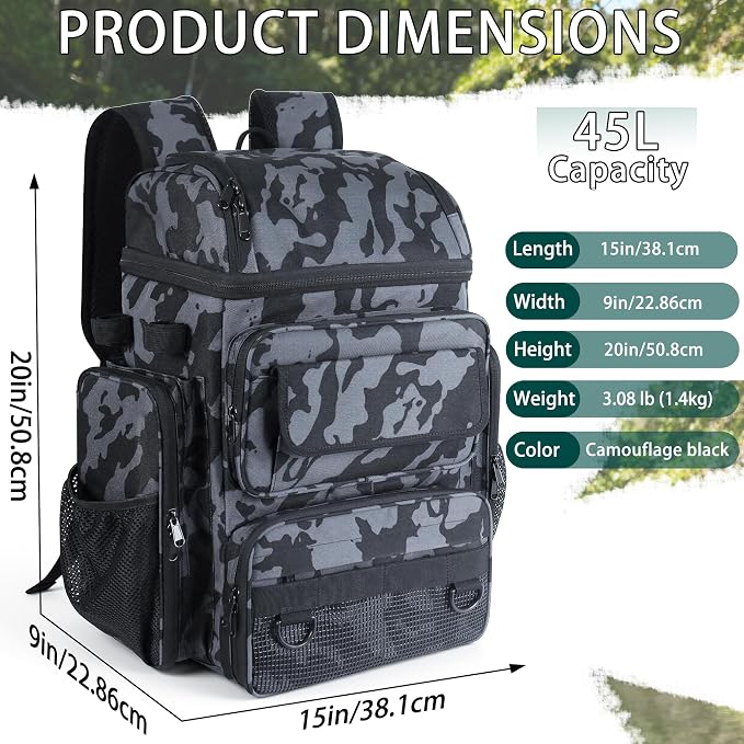 Fishing Tackle Backpack With Rod Holders, 45L Large Tackle Bag & Fishing Tackle Backpack for Fishing,Camping, Hiking,Camouflage Green