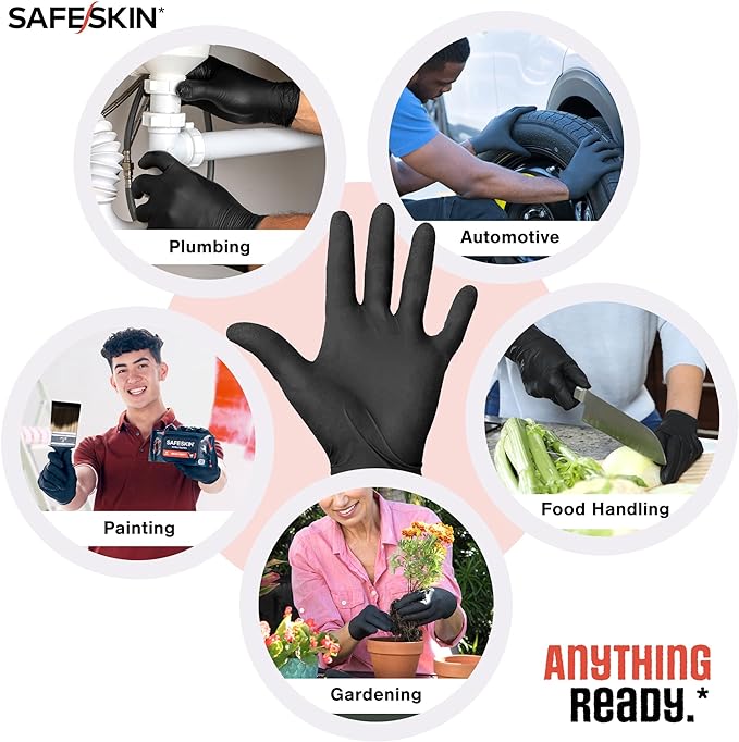 SAFESKIN Heavy Duty Nitrile Disposable Latex Free Gloves (40/160/1600 packs), Black Gloves for Food Prep, Cleaning, Mechanic