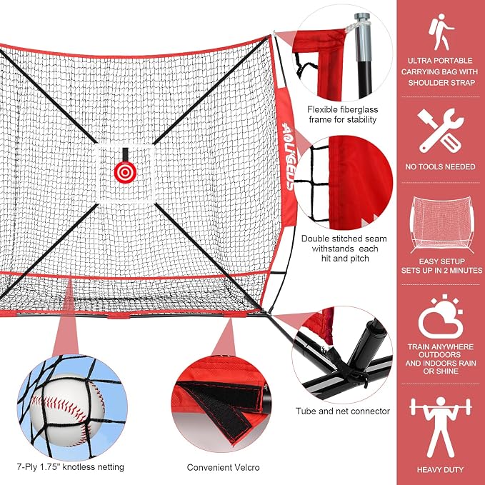6'X6' Baseball Softball Practice Net,Pitching Net,Batting Net,with Bonus Strike Zone,Target and Bow Frame,for Hitting,Pitching,Catching