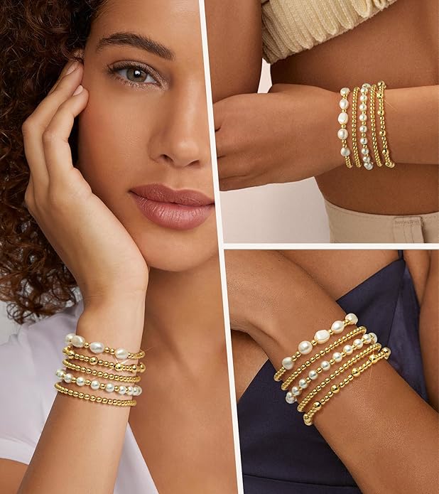 adoyi Gold Bracelets for Women Beaded Bracelet 14K Gold Plated Bracelet Stack Strand Stretch Bead Ball Bracelet Set Stackable Bracelet Adjustable Bracelet Set Jewelry for Gifts