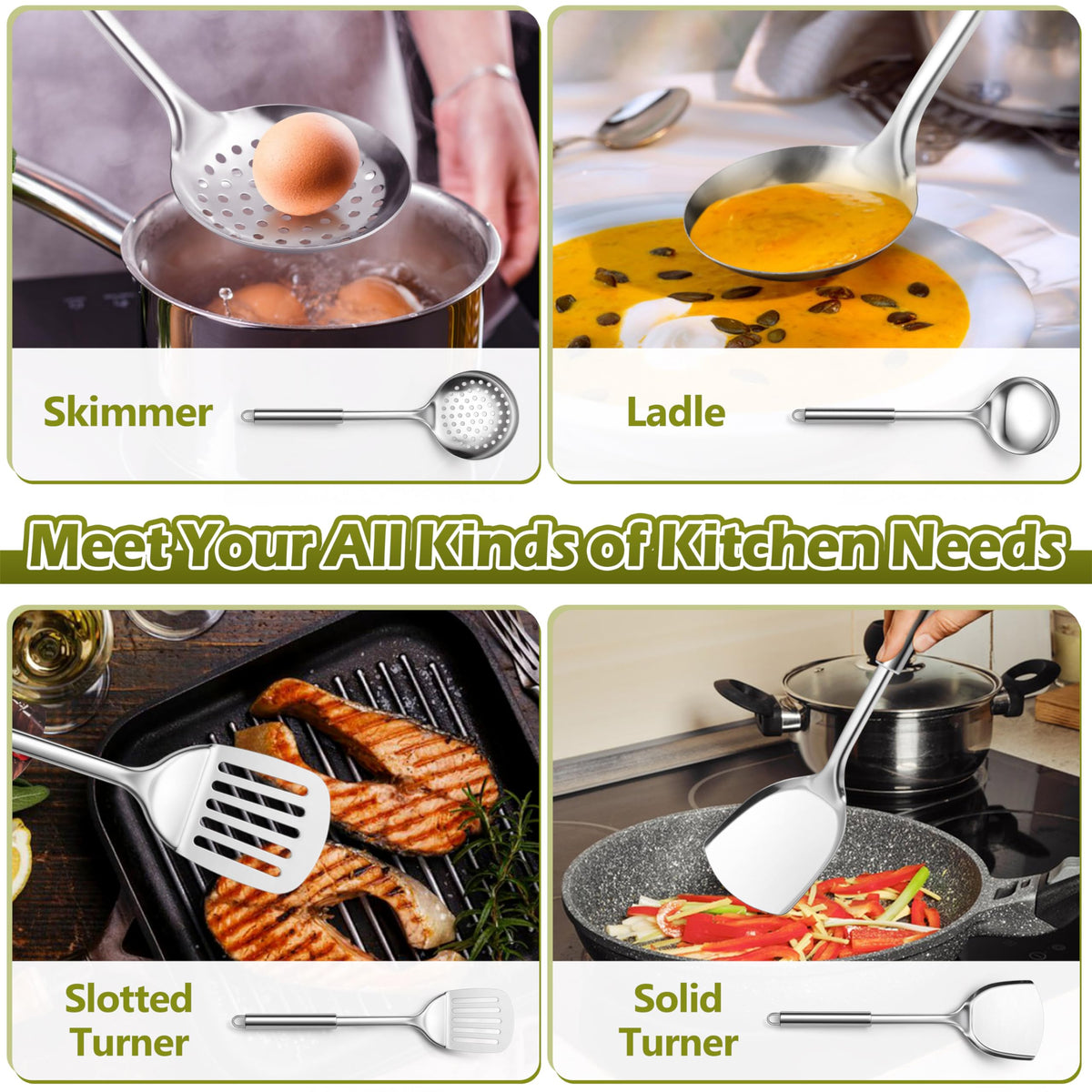 E-far Cooking Utensils Set, 10-Piece Stainless Steel Kitchen Utensils with Holder, Metal Heat Resistant Kitchen Cookware Tool Spatula Set for Cooking, Easy Clean & Dishwasher Safe
