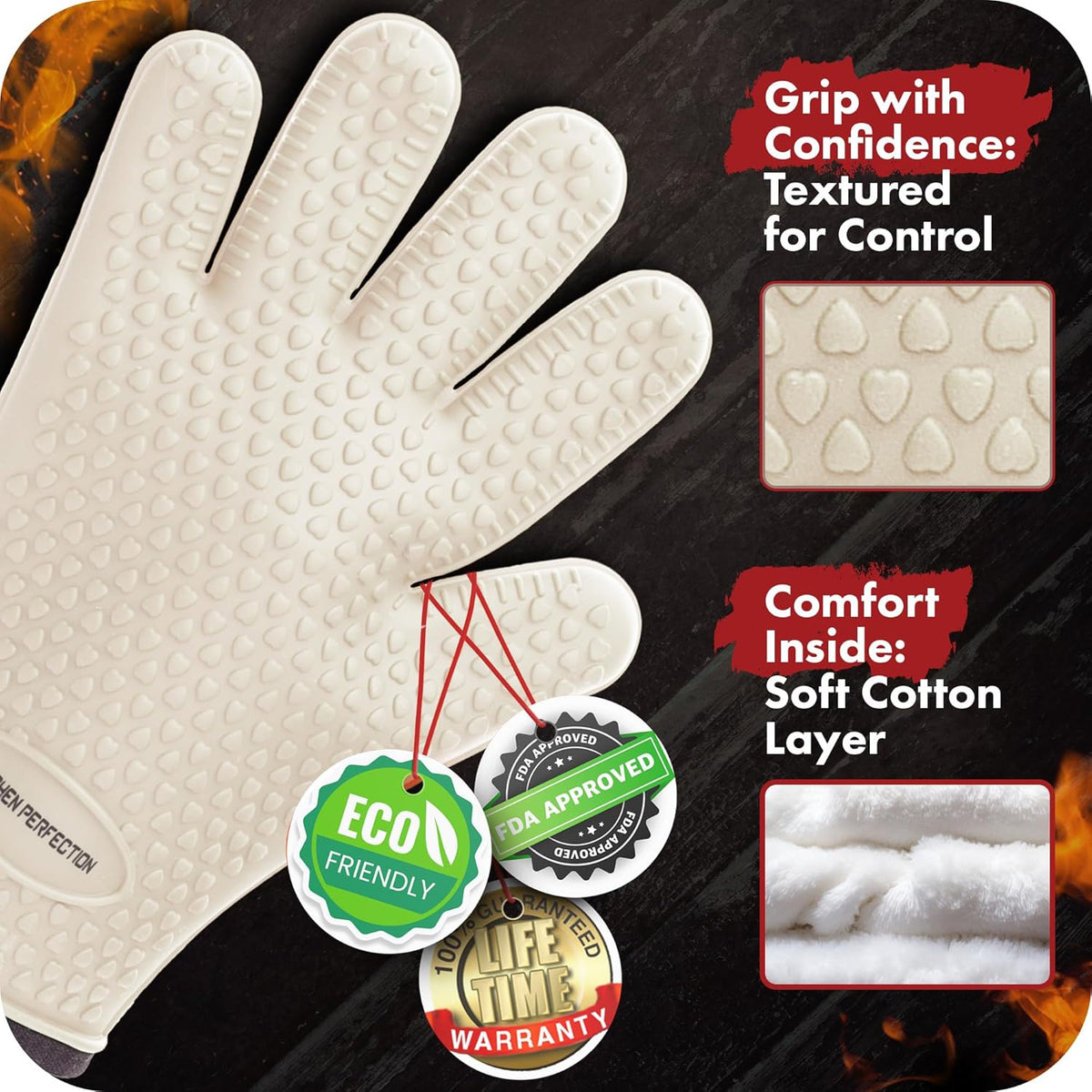 KITCHEN PERFECTION S Silicone Smoker Oven Gloves for Women -Extreme Heat Resistant BBQ Gloves -Handle Hot Food Right on Your Grill Fryer |Waterproof Oven Mitts Cooking Gloves |Superior Set+3 Bonuses
