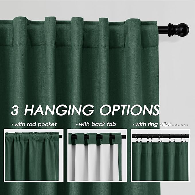 Green Linen 100% Black Out Curtains 108 Inches Long 2 Panels Set for Bedroom Boho Farmhouse Back Tab Thermal Insulated Energy Efficient Room Darkening Curtains Living Room High Ceiling Length 9 FT