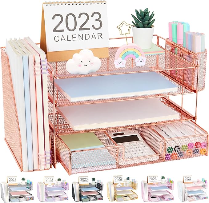 Desk Organizer and Accessories, 4-Tier Desktop File Organizer with Drawer and 2 Pen Holders, Office Desk Accessories for Office Supplies(Rose Gold)