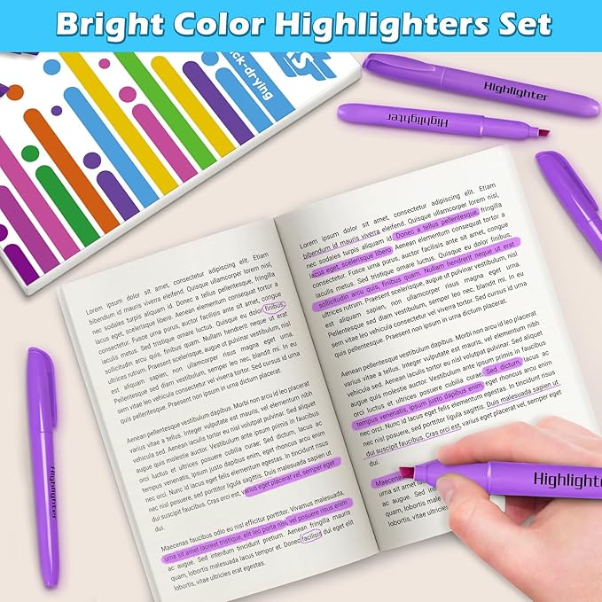Duchong Highlighters, 30 Packs Purple Highlighter Bright Colors Bulk, Chisel Tip Dry-Quickly No Bleed Highlighter Markers for Adults Kids, Office Classroom Must Have, School Supplies for Teachers