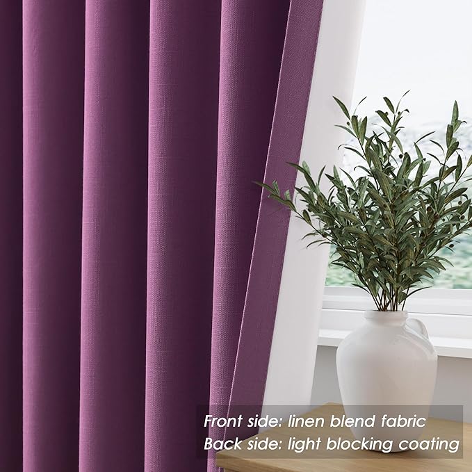 Blackout Purple Linen Curtains 96 Inches Long Back Tab Heat Reflective Full Light Block Out Curtains 2 Panels for Bedroom Windows Textured Draperies with Liner Floor to Ceiling Length 8 Ft 52x96