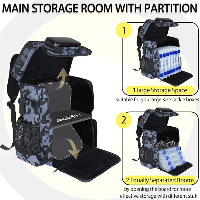Fishing Backpack with Rod Holder X-Large 60L Tackle Gears Bag with Cooler for Storage Tackle Box and Fishing Accessories Stuff, Fish Gifts for Men Woman-Black Camo