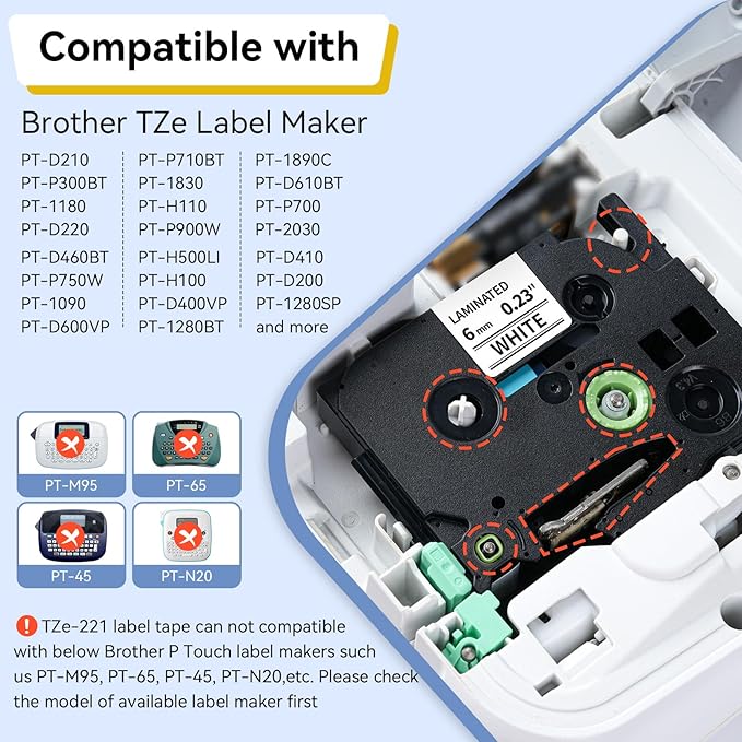 Labelife TZe-211 Label Maker Tape 6mm Compatible with Brother P Touch Label TZe TZ Tape 6mm 0.23 Laminated White 1/4 Inch TZe211 for Ptouch PTD210 PTD220 PTH110 PTD400 PTD600, 5-Pack