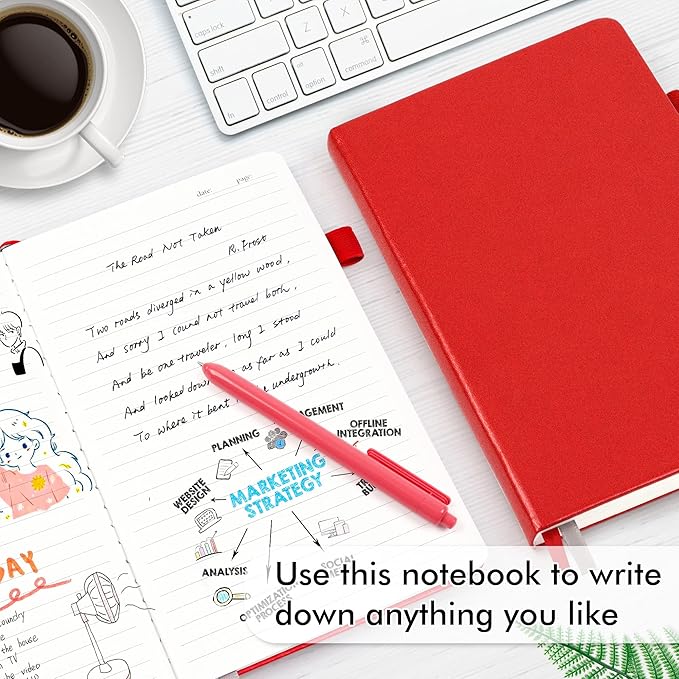 feela 12 Pack Notebooks Journals Bulk with 12 Black Pens, A5 Hardcover Notebook Classic Ruled Journal Set with Pen Holder for School Business Work Travel Writing, 120 GSM, 5.1”x8.3”, Red