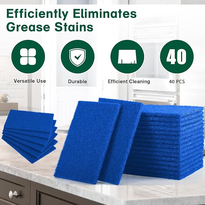 40 Pcs Scouring Pads,Heavy Duty Scour Pads,Blue Dish Scrubber Pads,Non Scratch Scrubbing Pads,Reusable Household Scrub Pads for Dishes Kitchen Scrubbers & Metal Grills,4x6in