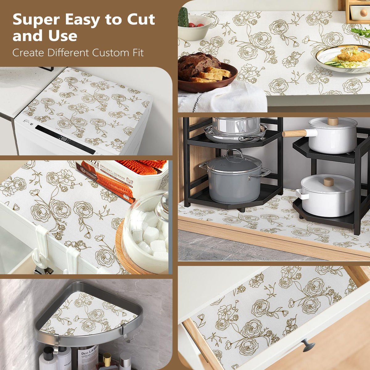 Shelf Cabinet Liner for Kitchen- Non Adhesive Drawer Liner Refrigerator Liner, Premium Waterproof Shelf Paper Protect Surface, Non Slip Easy to Clean Durable EVA Material, Gold Roses, 11.8 in x 10FT