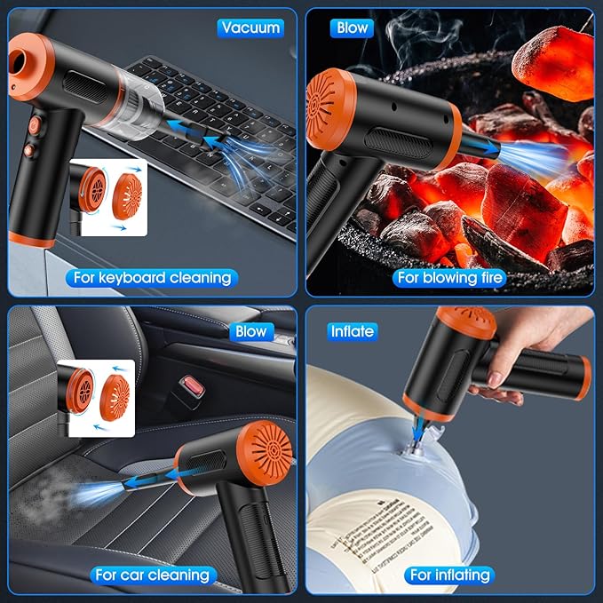 Compressed Air Duster, 100000RPM Handheld Car Vacuum/Air Blower& Pump, 3 Gear Adjustable Electric Air Duster/Car Vacuum Cleaner, Keyboard Duster with LED Light-10 Kits Air Blower for Computer(Orange)