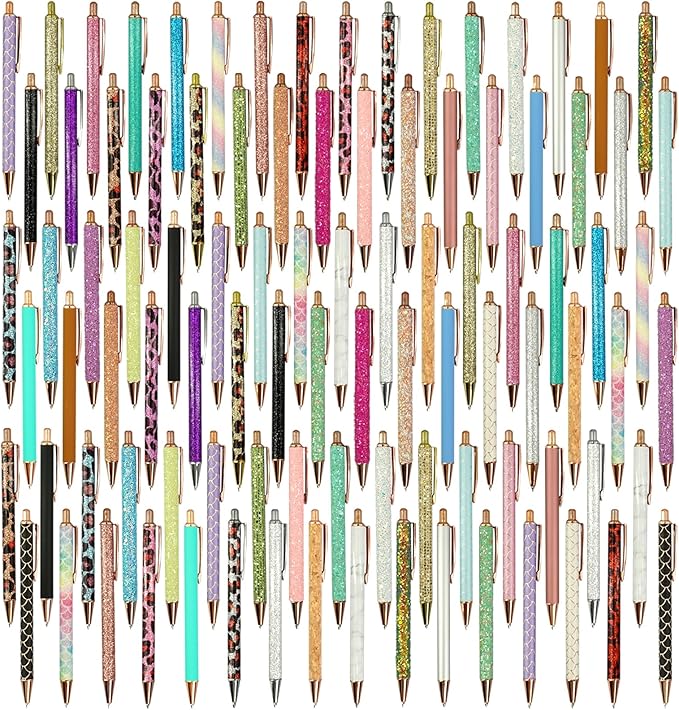 100 Pcs Fancy Pens Bulk Pretty Cute Glitter Ballpoint Sparkly Metal Pens Black Journaling Ink Pen Medium Point 1.0 mm for Women Nurse Teacher School Office Graduation Gift