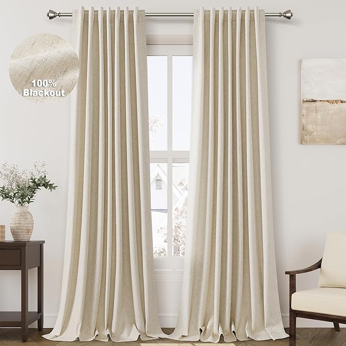 Beige Blackout Linen Curtains 92 inch Length 2 Panels for Living Room Oatmeal Pleated Black Out Drapes Farmhouse Rustic Room Darkening Total Blackout Window Curtain Panels Bedroom 92 inches Long