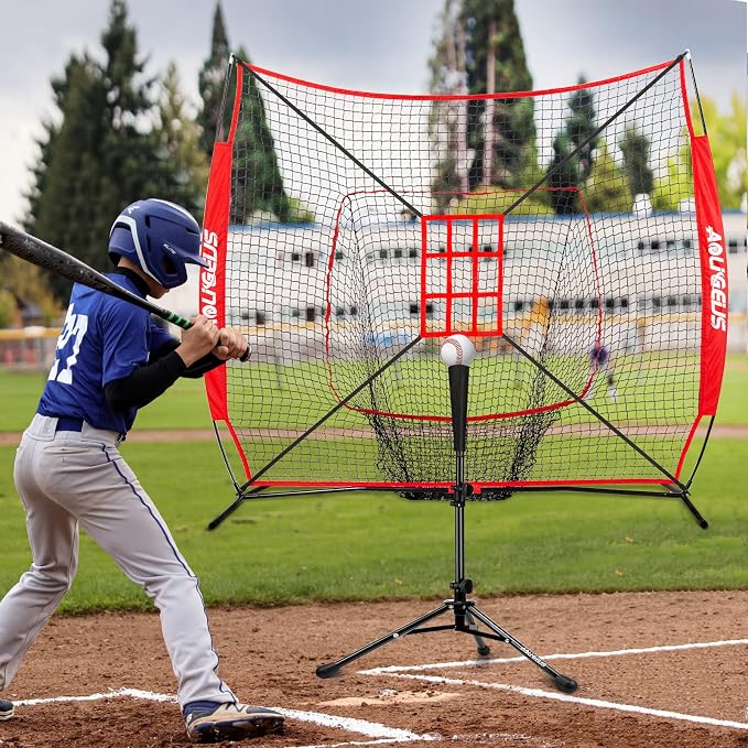 7'X7' Baseball Softball Practice Net,Pitching Net,Batting Net,with Baseball Tee,Bonus Strike Zone and Bow Frame,for Hitting,Pitching, Catching
