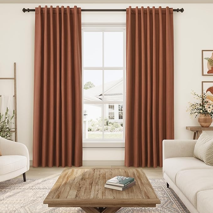 Nanspring Terracotta Linen 100% Blackout Curtains 80 inch Length Back Tab Rod Pocket Drapes Thermal Insulated Textured Bedroom Black Out Curtains 2 Panels Set 52x80