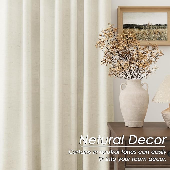 Nanspring Full Black Out Warm Beige Window Curtains 108 Inches Long Loop Pocket Rod Pocket Flax Linen Sound Proof Full Blackout 2 Panels Set for Nursery Modern Farmhouse Curtains Drapes 52x108