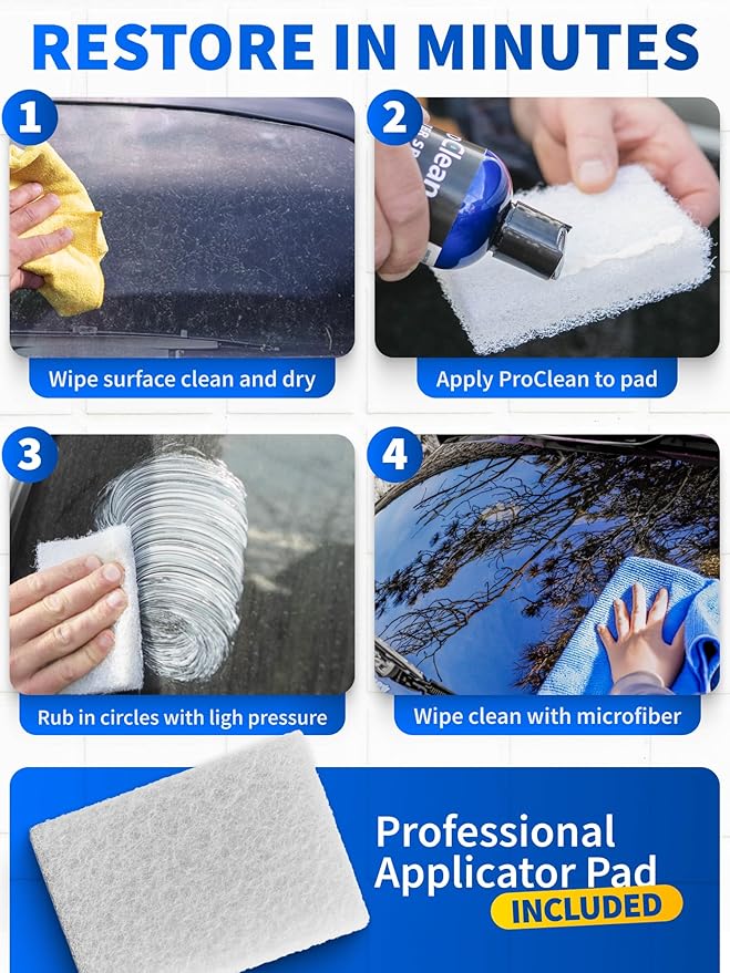 GlasWeld ProClean Heavy Duty Hard Water Stain Remover - For Glass, Metal & More - Includes Applicator Pad - Stubborn Water spot Remover Kit - Automotive Car Care