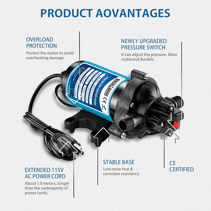 WASSERMANN Water Pressure Pump 115 Volt AC 4.0GPM 55PSI,Water Pump Self Priming Diaphragm Pump with Pressure Switch for Kitchen Bathroom Marine Yacht Garden