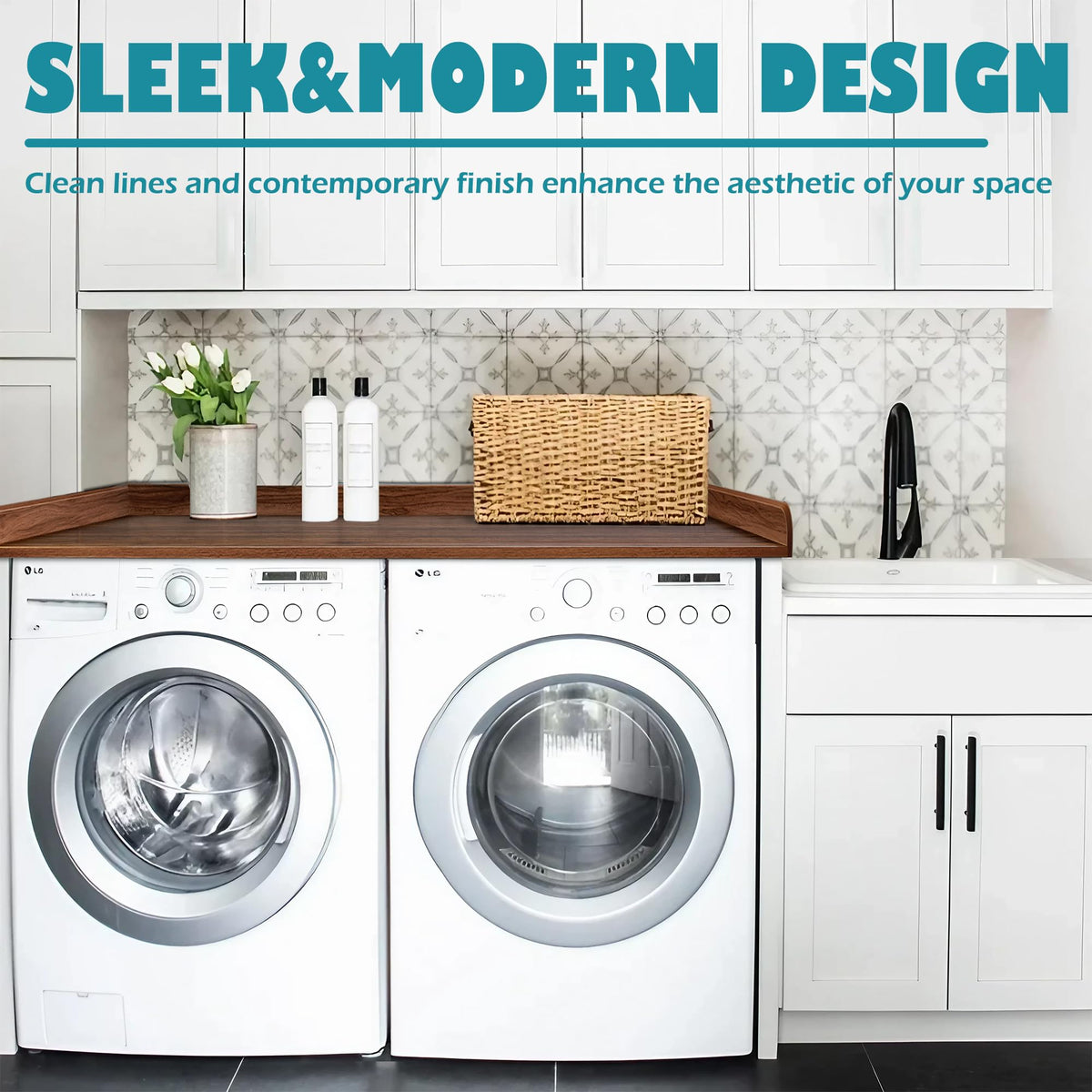 ROYXEN Washer Dryer Countertop, Laundry Countertop Solid Wood, Countertop for All Front-Loaded Washing Machine and Dryer, Extra Room for Laundry Room, Walnut Color
