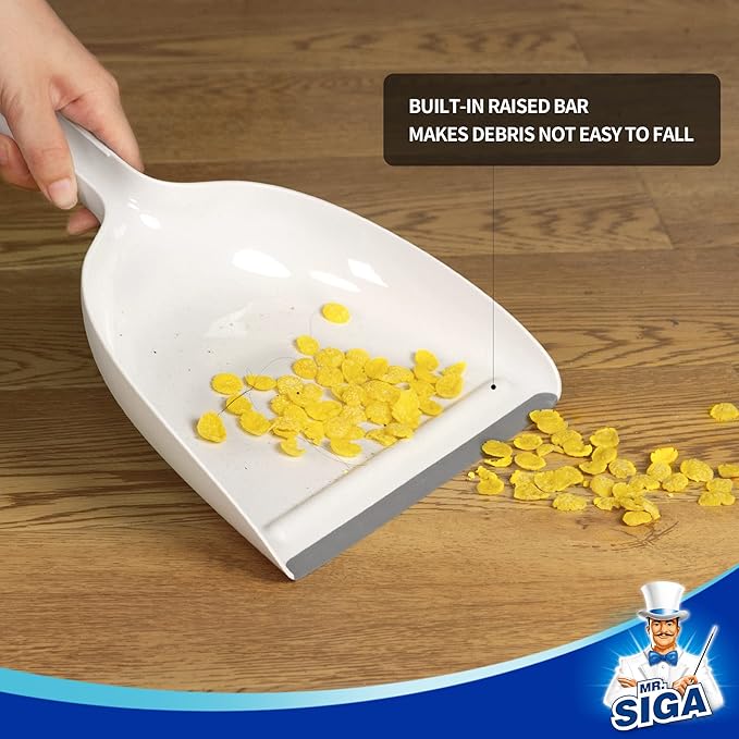 MR.SIGA Dustpan and Brush Set, Portable Cleaning Brush and Dustpan Combo with Bamboo Handle, White, 1 Set